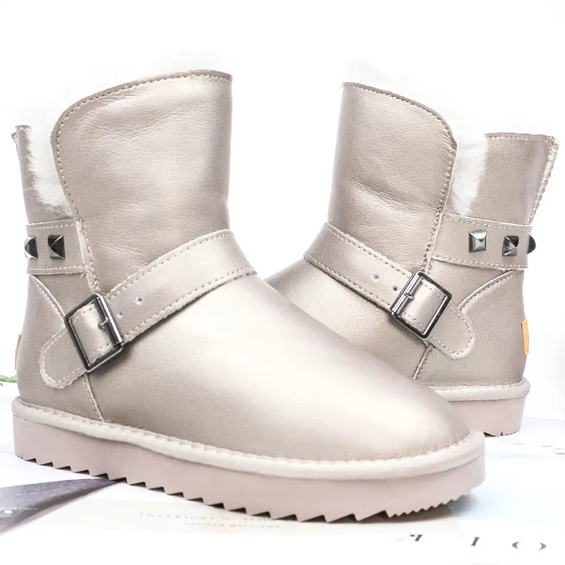 

100% natural fur brand shoes women waterproof leather cowhide rivet snow boots women boots winter plus size warm womens boots
