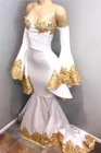 Женское вечернее платье-русалка, белое длинное платье с длинными рукавами и кружевной аппликацией, расшитое бисером, Дубайский кафтан для выпускного вечера
