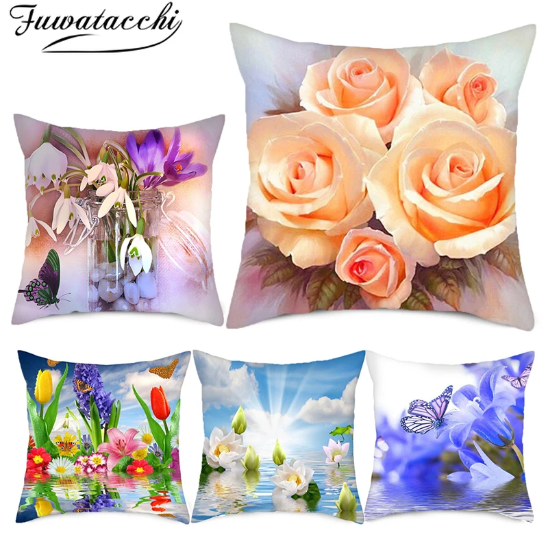 Чехол для подушки Fuwatacchi с изображением шампанского и розы двухсторонняя