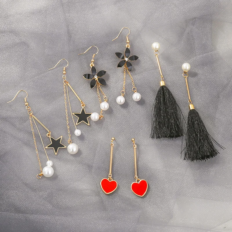 

New Fashion Crystal Flower Cross Star Pendant Earrings Set For Women Girls Tassel Imitation Pearl Earring Set Mix Style Jewelry