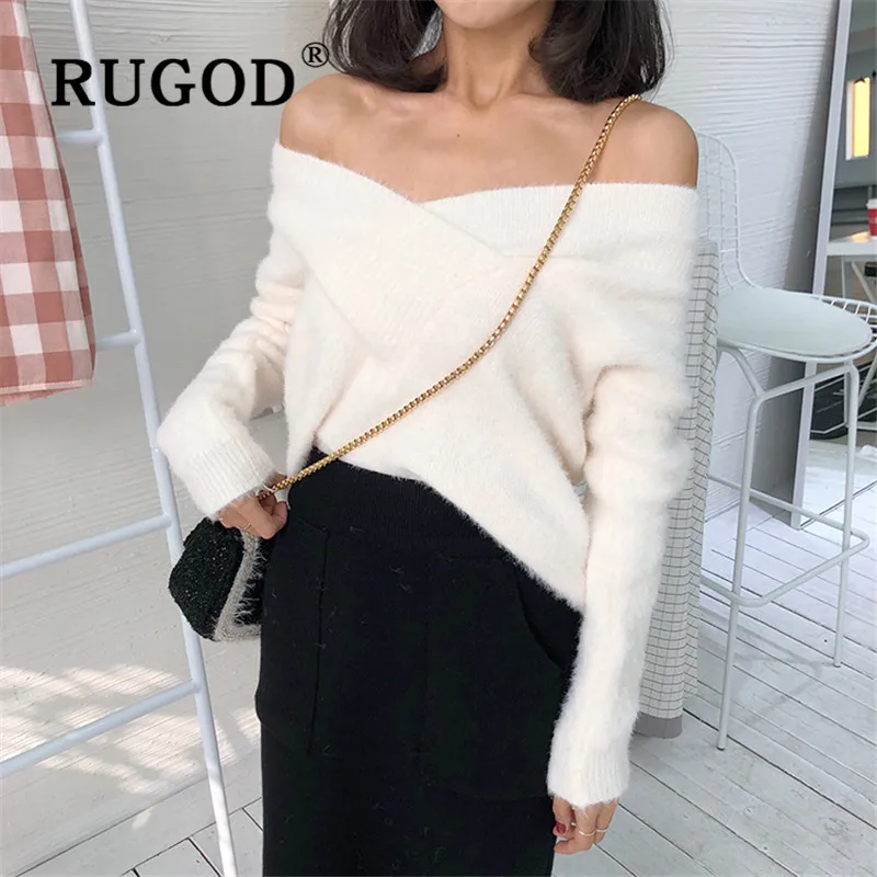 RUGOD Vintage One Shoulder Sexy Sweater Fuzzy Pullover Solid Jumper Winter Tops For Women Knitwear Stripe Plus Size Korean Style | Женская