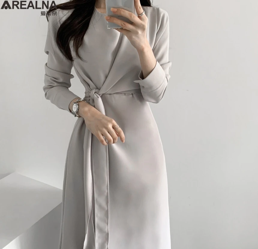 

2020 Women's Autumn Vintage Long Dress Female Long Sleeve Casual Bandage Suit Woman Dress Vestidos Korean Office Lady Dresses