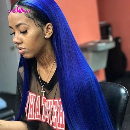 Dark Blue Ali Coco Colored Wigs 13X4 Straight Light Blue Lace Front Human Hair Wig Orange Straight Hair Wigs Preplucked For Black Women - Цвет: Dark Blue