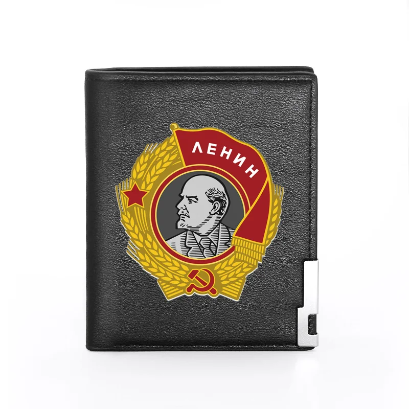 

Vintage Men Wallet Leather Soviet Flag Ле́нин Printing Billfold Slim Credit Card/ID Holders Inserts Money Bag Short Purses