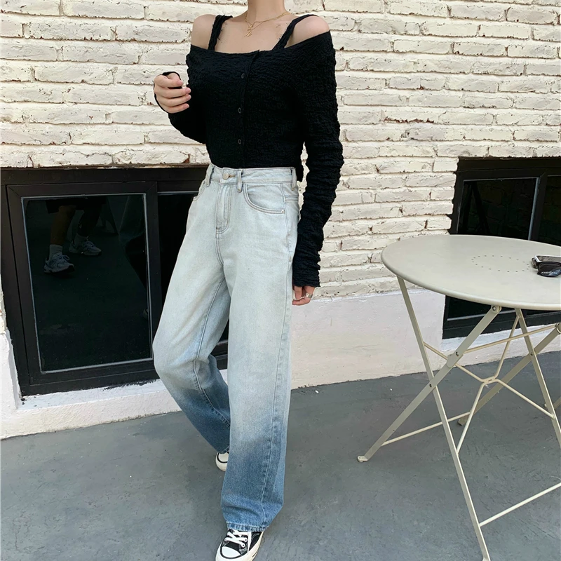 

Kimotimo Jeans Denim Pants Women High Waist Streetwear Gradient Loose Oversized Trousers Harajuku Straight Pants Vintage 2021