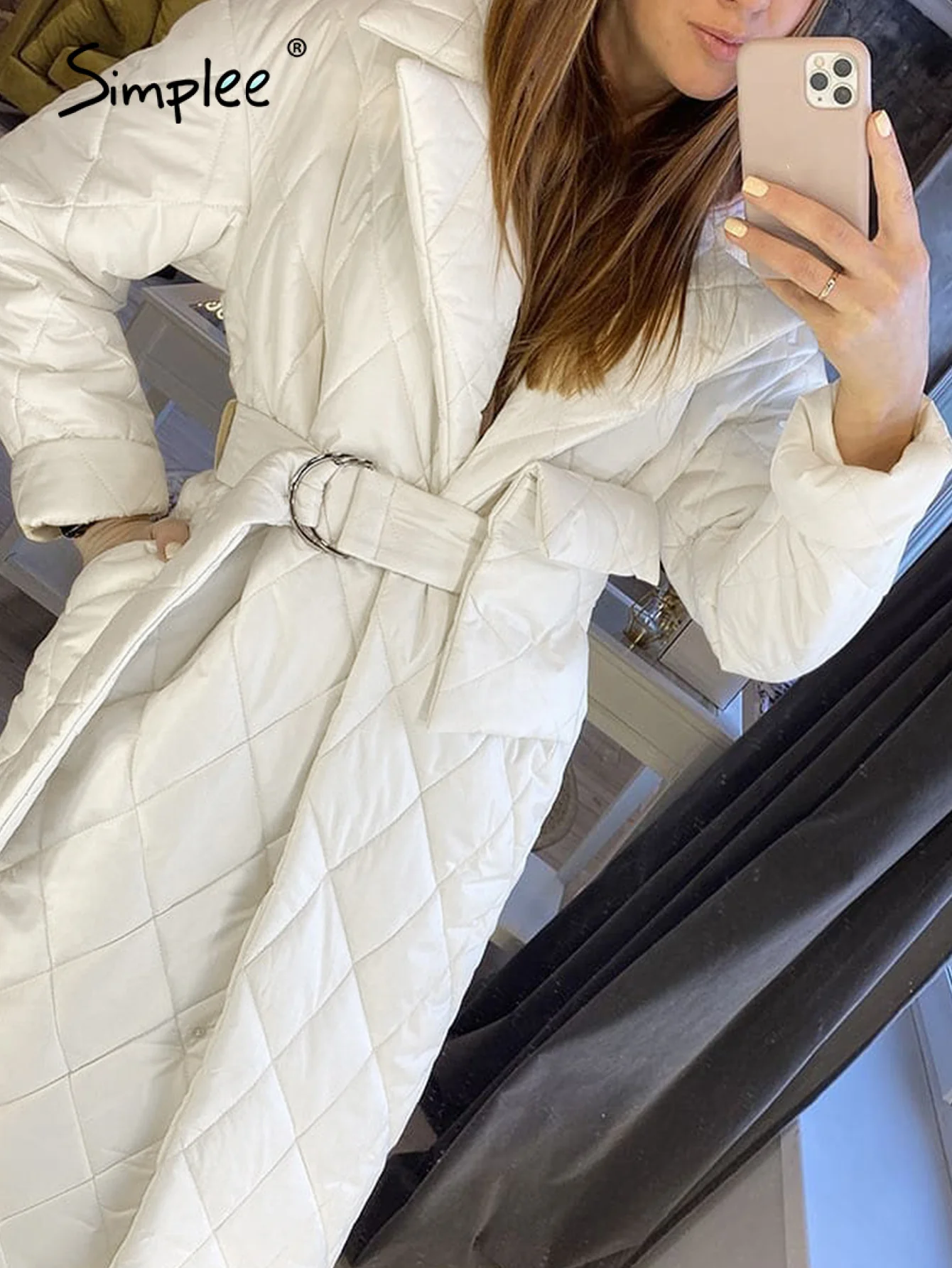

Simplee Office lady sashes pocket rhombus pattern parka Winter lapel button women long jacket coat Straight fashion quilted coat