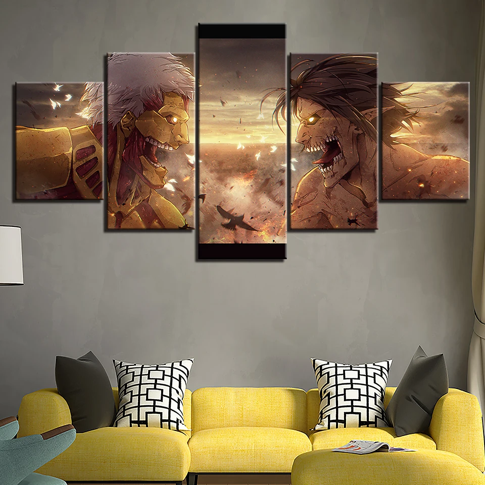 

5 Pieces Canvas Painting Poster Anime Attack On Titan Shingeki No Kyojin HD Print Picture Home Decor Living Room Wall Art Framed