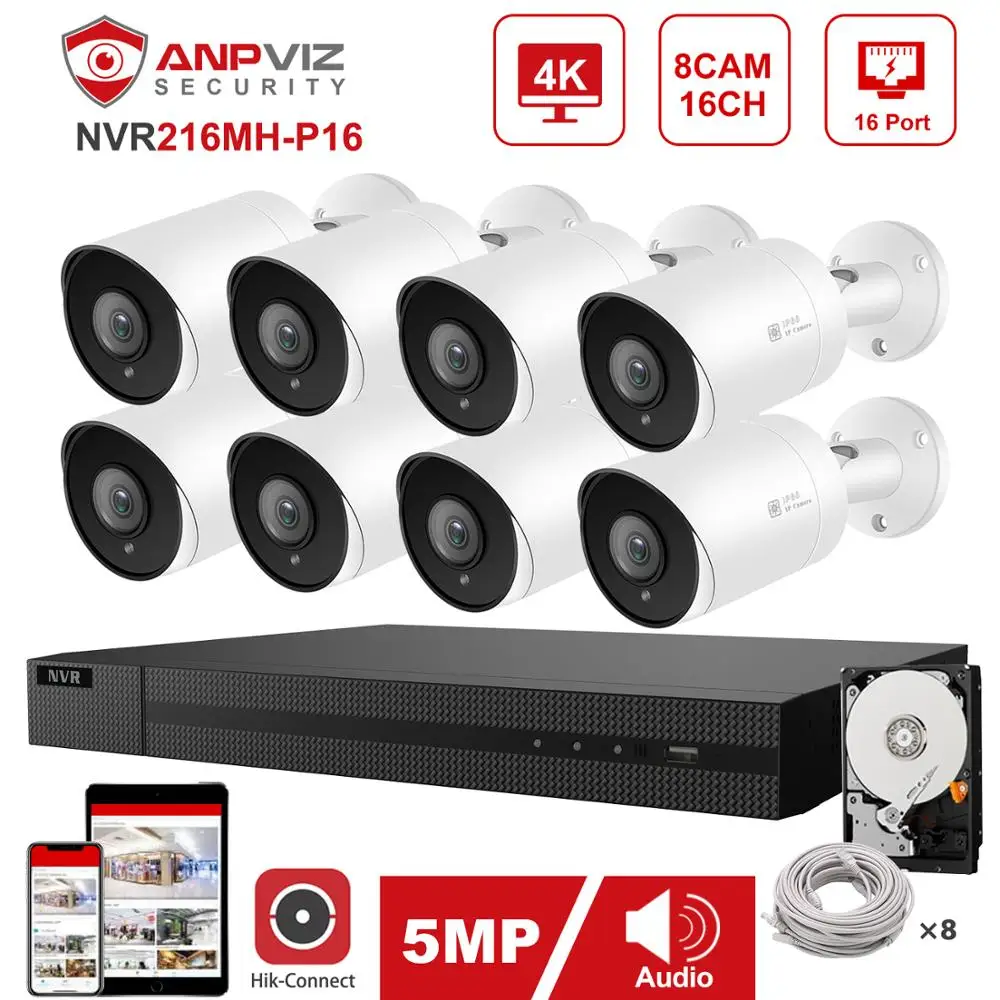 

Hikvision OEM 16CH 4K NVR Anpviz 8pcs 5MP POE IP Camera System Indoor/Outdoor IP Camera Security Surveillance Kit IP66 30m P2P