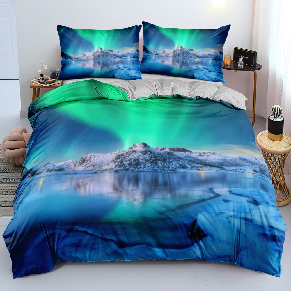 

3D Green Aurora Duvet Cover Set Single Double King Size 140x210cm Comforter Cover Set Soft Bed Linen Fashion Decoration for Gift