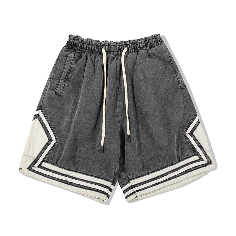 

KIOVNO Men High Street Washed Denim Shorts Straight Vintage Jeans Shorts For Male Patchwork Elastic Waist