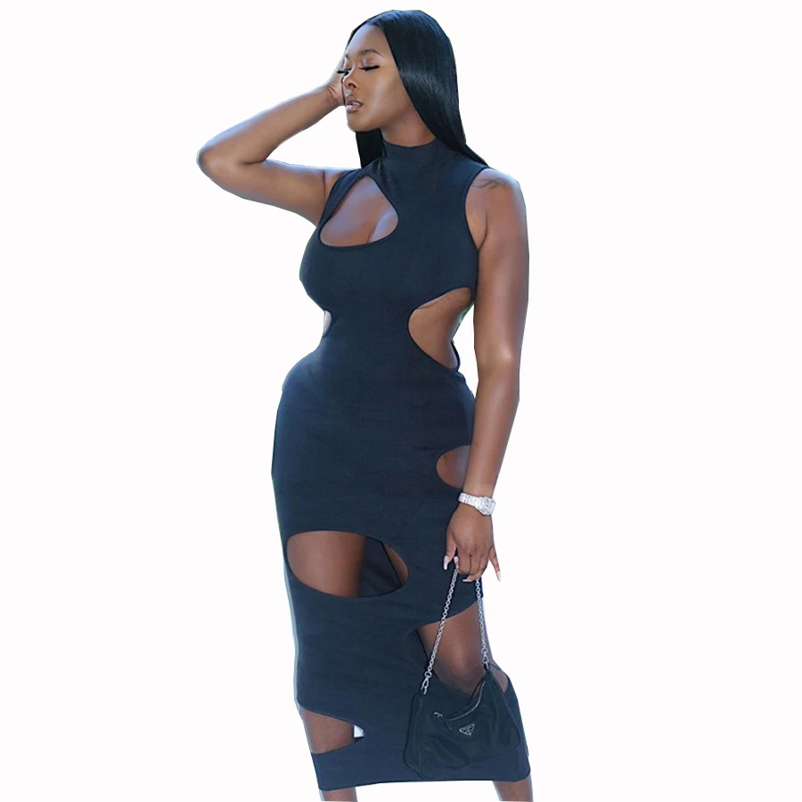 

MIXINNI M0402 Spring Women's New Style Long Skirt Fashion Design Sense Round Neck Sleeveless Hollow Sexy Dress