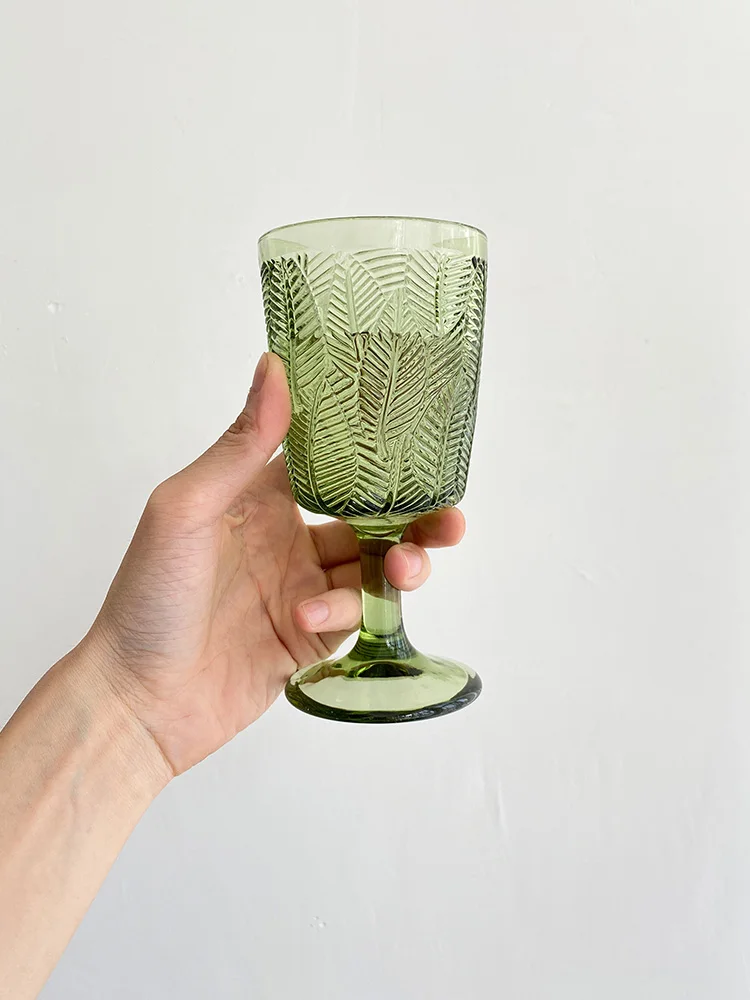 Copa de vidrio con hojas frescas en relieve, copa de vino tinto verde Vintage, copa de bebida, copa de vino-3