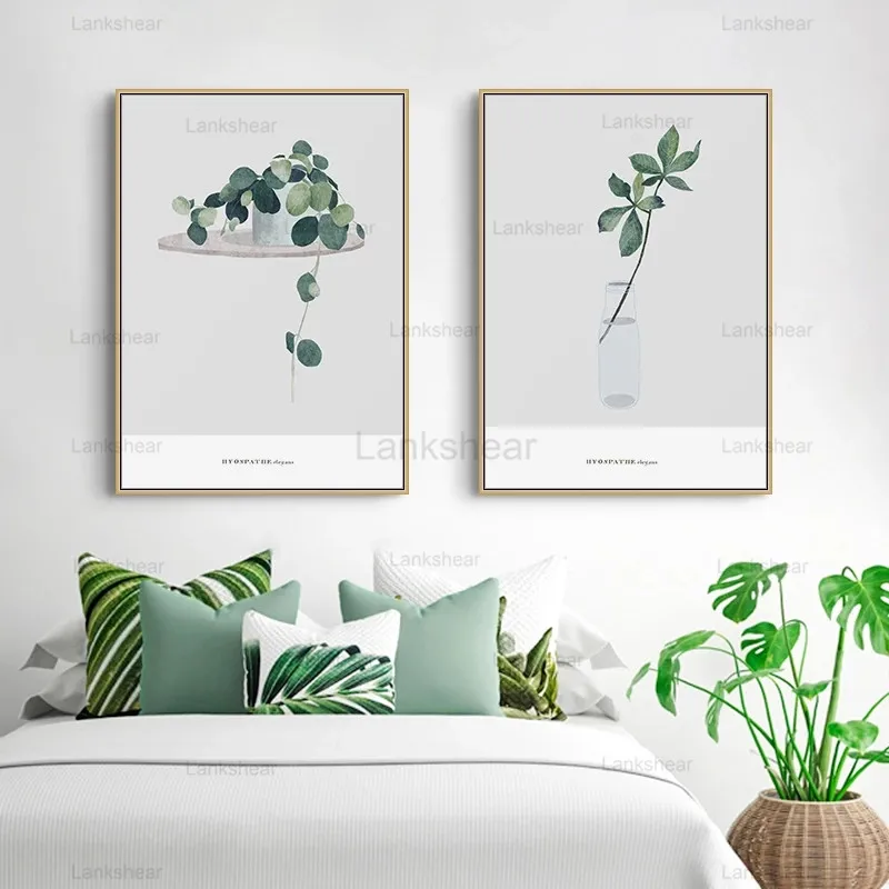 

Nordic Decortive Hand-Painted Green Plants Wall Art Canvas Painting Prints Posters for Living Room Bedroom Morden Home Decor