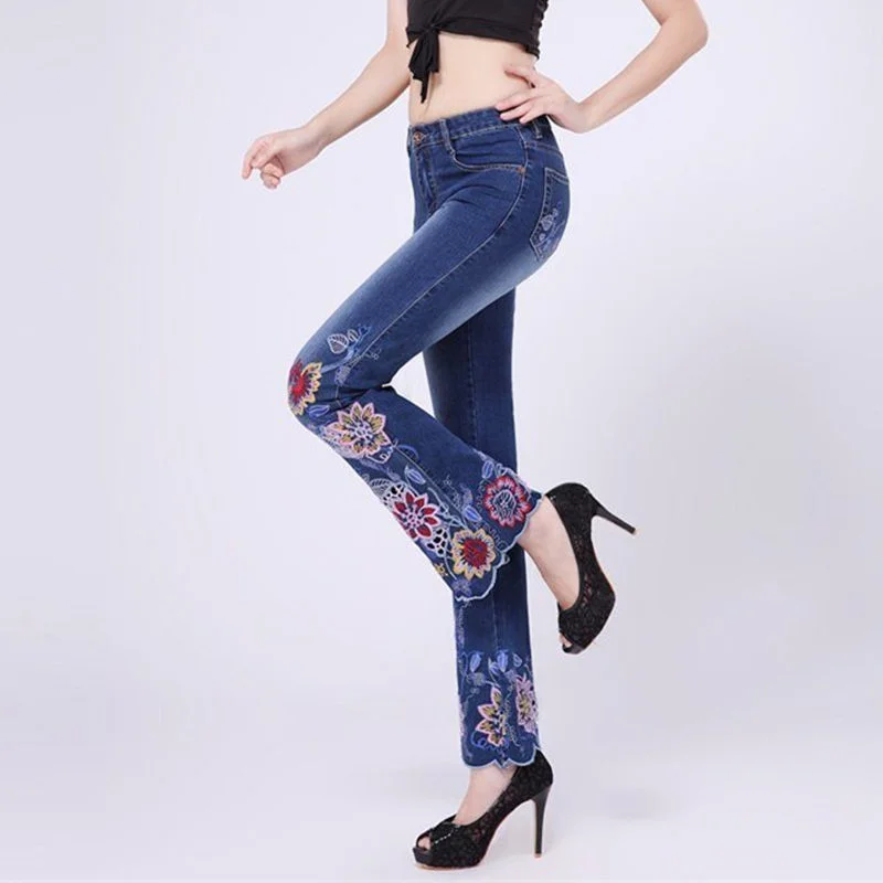 Женские джинсы с вышивкой national wind обтягивающие рваные брюки высокой талией