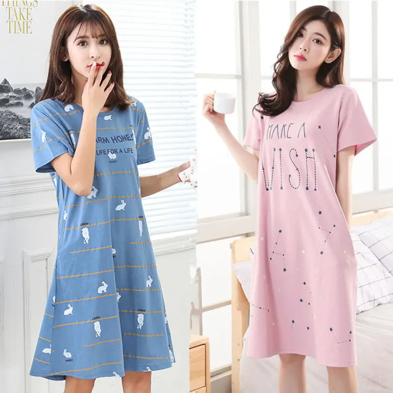 Pure Cotton Ladies Nightdress Short Sleeve Cute Loose Plus Size Nightdress Home Wear Sleepwear Plus Size Women Clothing
