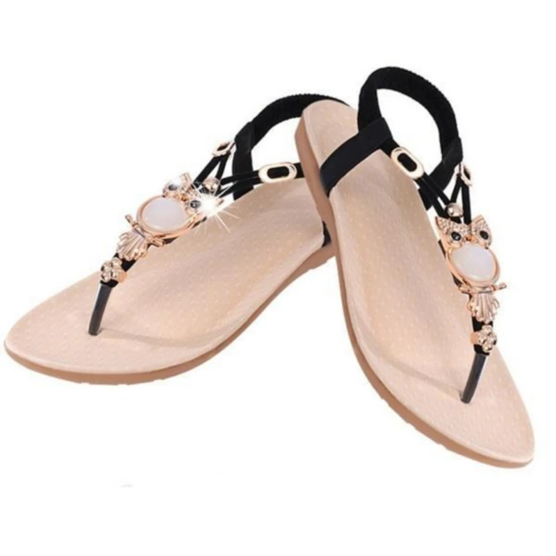 

2021 Summer Woman Sandals Female Flip flops Beach Open Toe Sandals Woman Low Heel Beaded Shoes Woman Shoes Owl Sandals Footwear