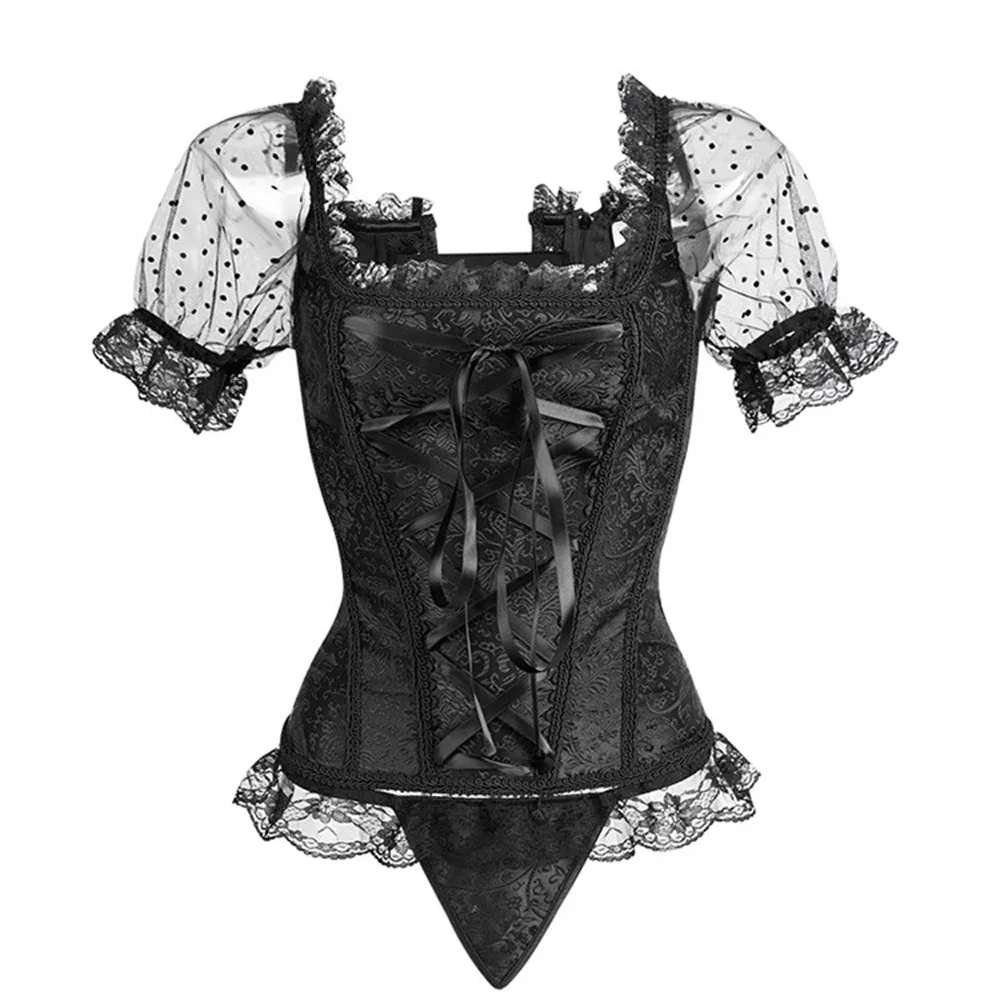 

Sexy Womens Overbust Lace up Corset Off Shoulder Top Burlesque Costumes Floral Bustiers Straps Sleeve Vintage with Thong