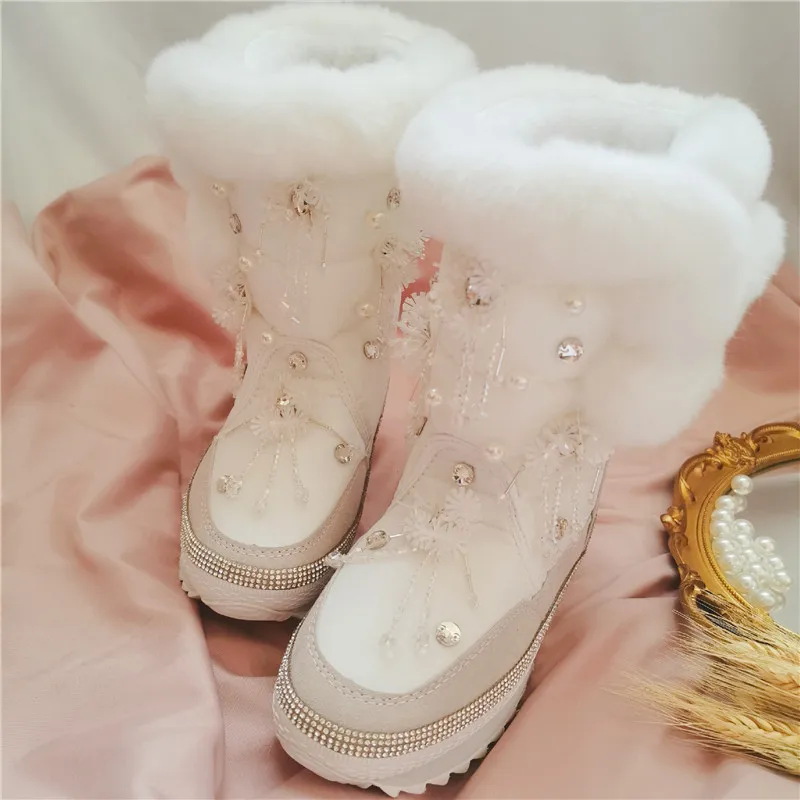 

Women's boots custom handmade luxury tassel rhinestone wool blended mid-tube snow boots fashion non-slip riding boots