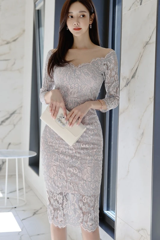 

COIGARSAM Sexy Three Quarter Sleeve Women Long dress New Summer Patchwork Lace Dresses 7938