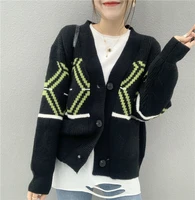 women v neck single breasted loose casual knitted cardigan green argyle knitted sweater chic leisure autumn winter warm clothing