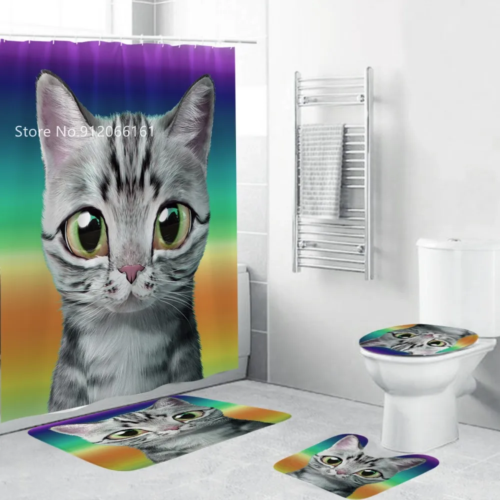

Cartoon Cats Bath Curtain Set 3/4 Pieces Waterproof Animals Shower Curtain Set Toilet Lid Cover Bath Rugs Bathroom Set Decor