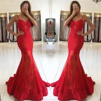 evening dress sweetheart appliques lace prom dresses robe de soiree spaghetti straps mermaid red long