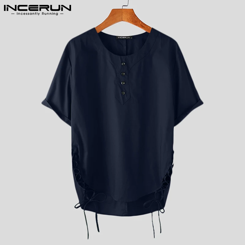 

Men Leisure Solid Color Shirt INCERUN Short Sleeve Round Neck Blouse Man Casual Button Camisa Vintage Cotton Lace Up Blusas 5XL