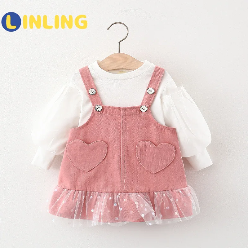 

LINLING 2021 Spring Girl Child Set Cotton Bishop Sleeve Long T-shirt White Solid Color Casual Fashion Girls Outfits 2PCS V824