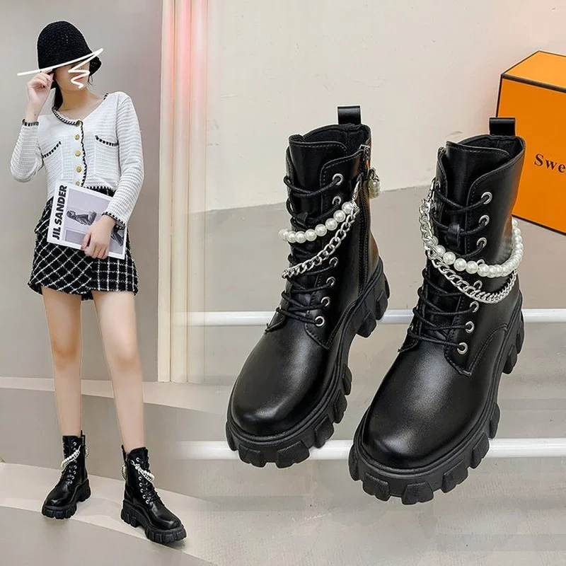 

Black Martin boots 2021 new round toe thick heel thick bottom pearl chain side zipper ankle boots platform boots gothic
