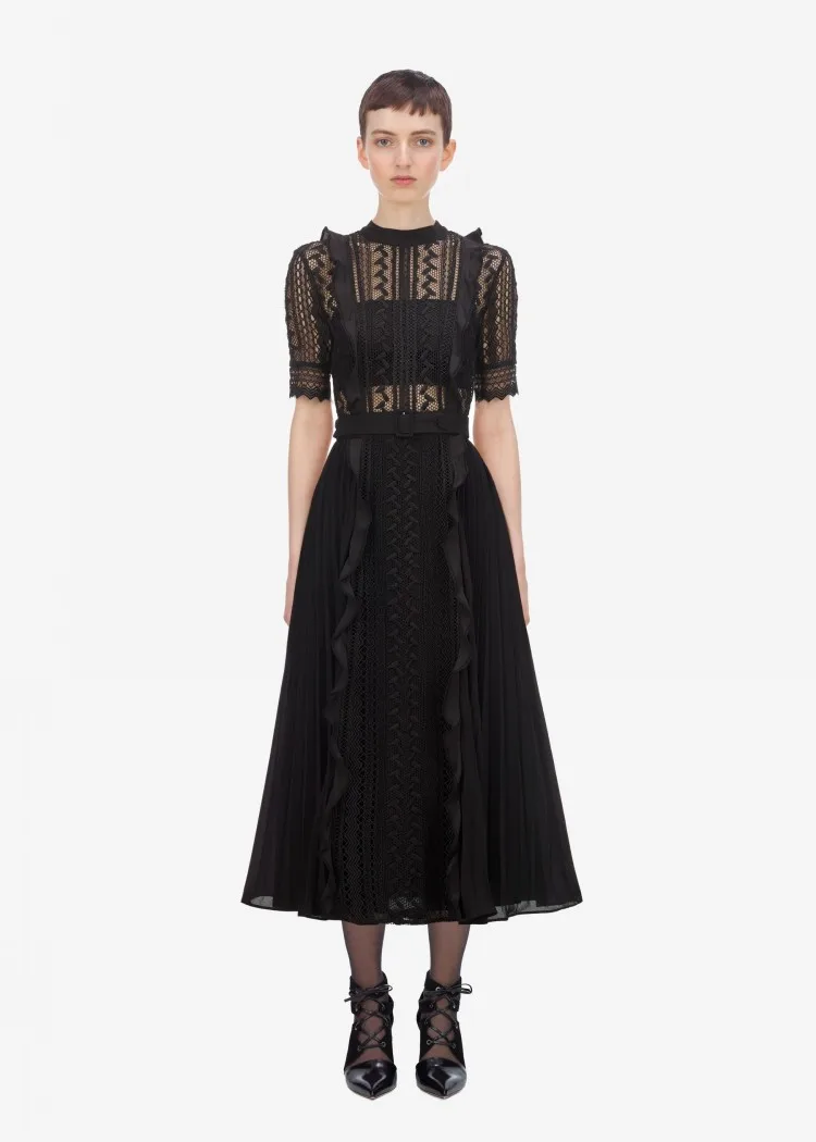 Осень 2019 Новое поступление черное кружевное платье миди ТРАПЕЦИЕВИДНОЕ