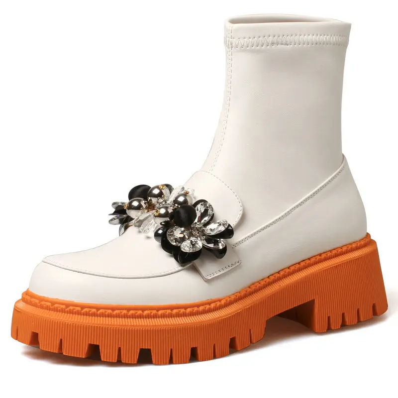 

crystal Decoration Women Ankle Boots Autumn Winter ladies motorcycle boots Retro Casual Genuine Leather Slim Short Shoes Woman