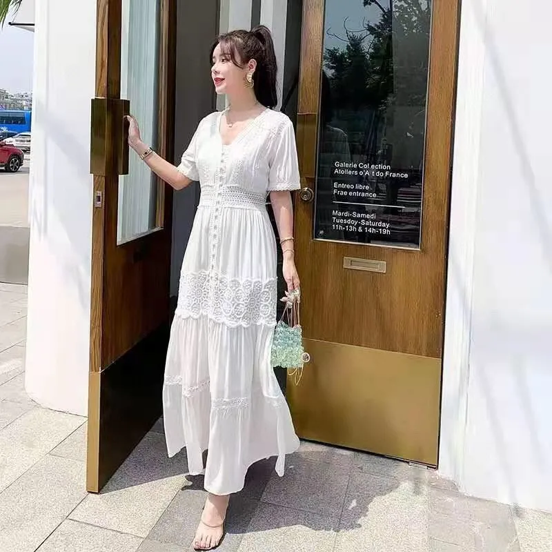 

2021 fashion spring dress V-neck white holiday long dresses women high quality