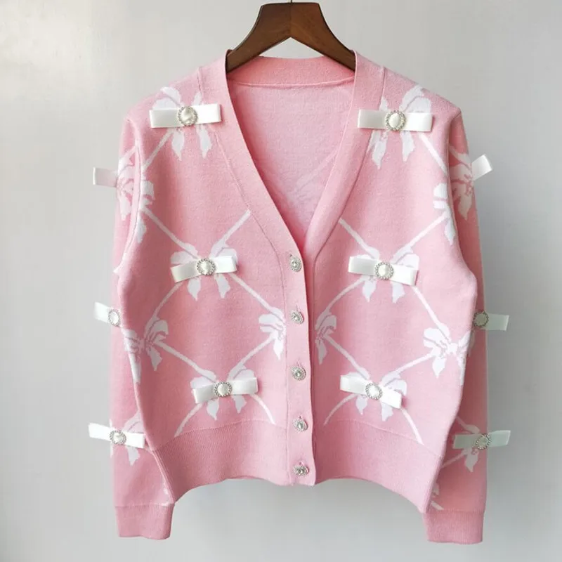 

Sweet Bow Print Sweater Cardigan Women Long Sleeve V Neck Jumper Female Single-Breasted Fashion Knit Outwear Mujer q489