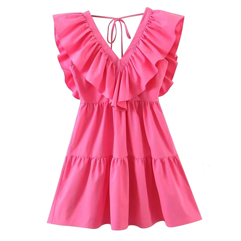 

ZXQJ женское розовое короткое платье с V-образным вырезом 2022 весеннее модное женское однотонное платье без рукавов с оборкой женское Плиссиро...