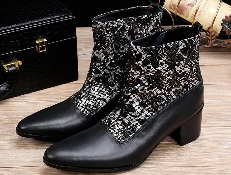 

New Black pointed toed Winter Slip on Men boots Fashion short Martin Men's Boots Genuine Leather Ankle boots men Boots