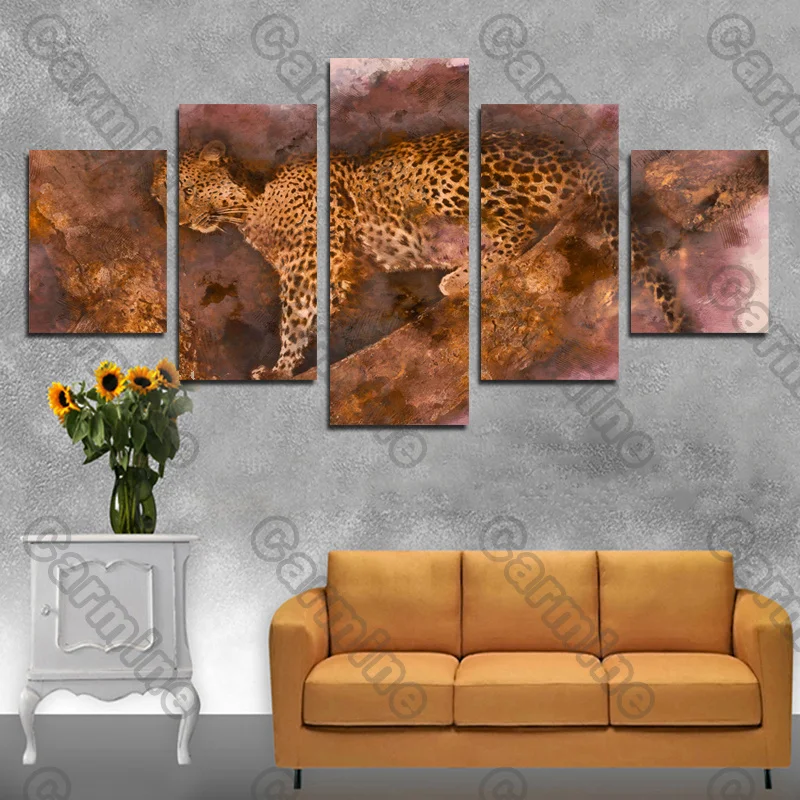 

Poster Leopard Red Brown Background Animal Canvas Painting 5Pcs Posters Painting Wall Art Decoration for Living Room Frameless