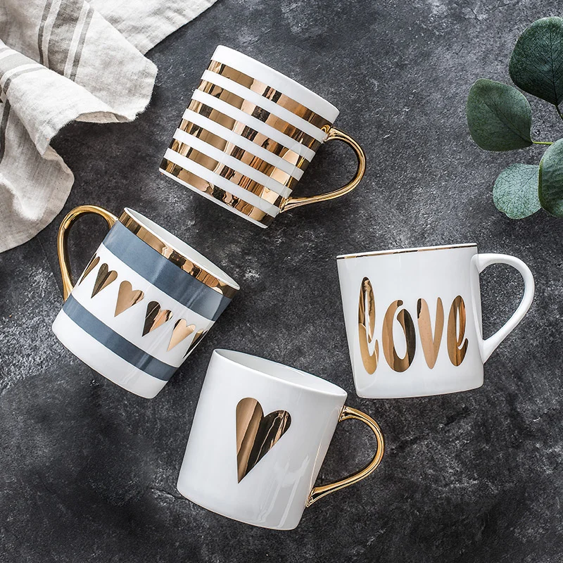 

Creative Gold Ceramic Mug Ceramic Coffee Cup China Bone Milk Tea Cup Love Heart Stripe Drinkware 350ml Home Kitchen