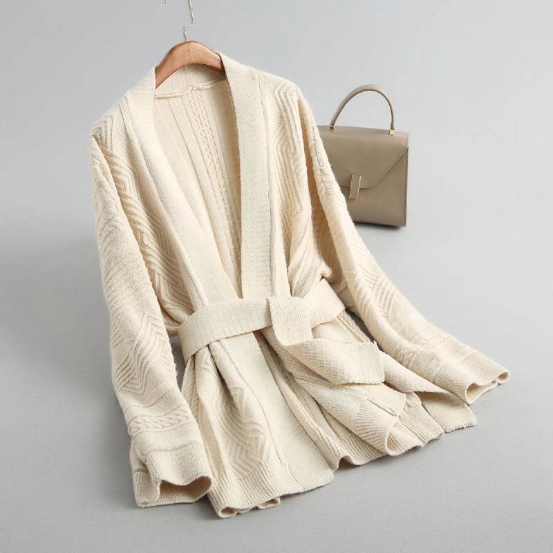 

2021 New Women Exquisite Twist Design Long Sleeve With Waistband Knitted Cardigan Ladies Warm Open Stitch Sweater Outwear