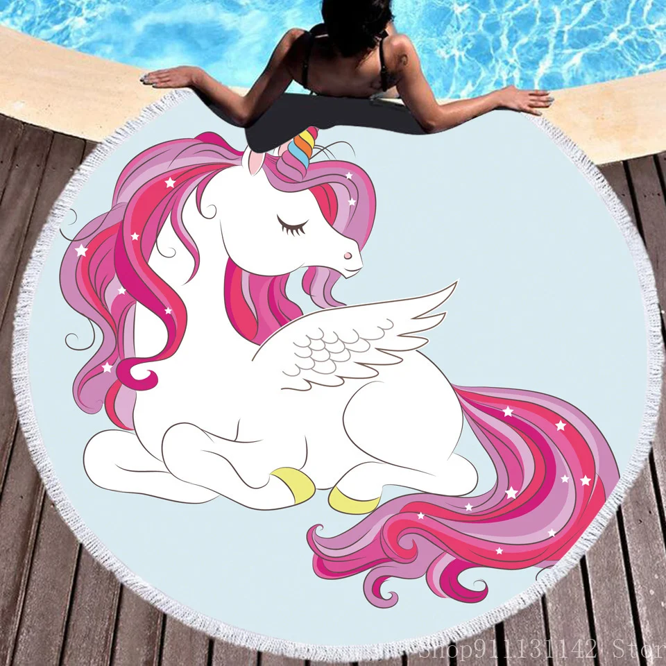 

Cartoon Q Version of Cute Unicorn Round Beach Towel Microfiber Summer Swimming Ring Yoga Mat Blanket 150cm with Tassels