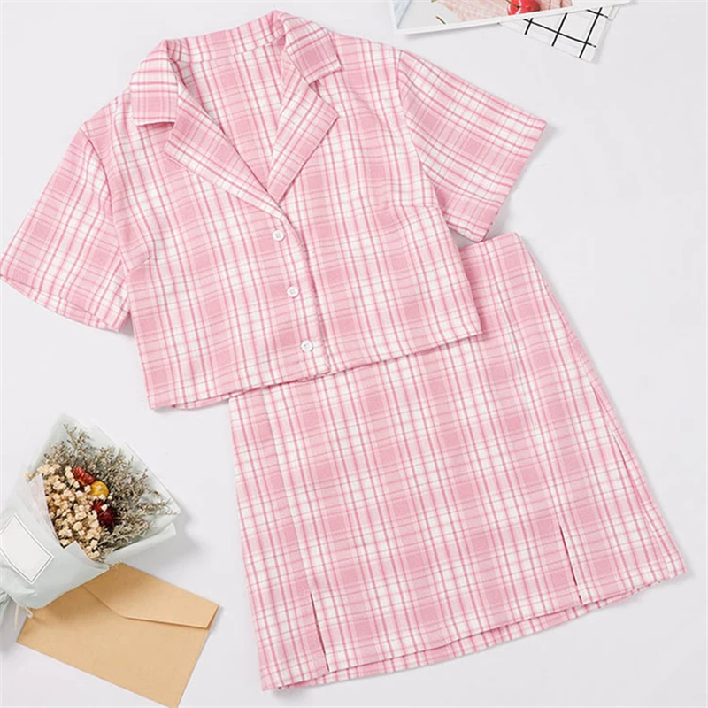 Женский комплект из 2 предметов в розовую клетку футболка с коротким рукавом и