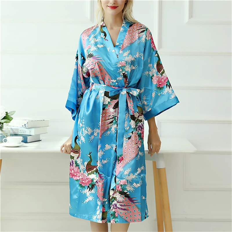 

Brand Purple Female Printed Floral Kimono Dress Gown Chinese Style Silk Satin Robe Nightgown Flower S M L XL
