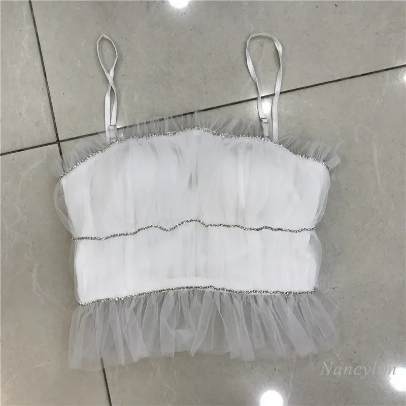 Rhinestone Mesh Camisole Women's Slim Fit Short Pleating Sling Shirt Sexy Crop Top Girls Ladies Blusas Mujer 2021