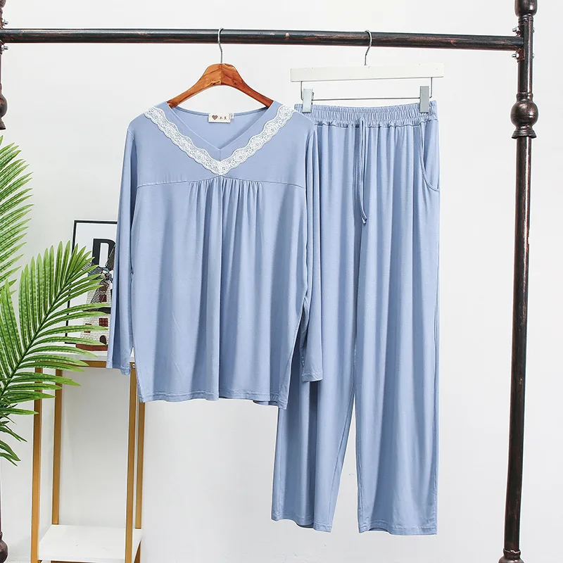 

Oversized Pajamas Set Soft Ladies New Modal Lace Collar Long Sleeve Trousers Pyjamas Two-piece Sleepwear Set Loose Home Service