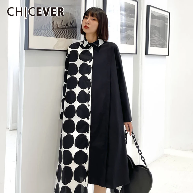 

CHICEVER Casual Polka Dots Colorblock Dresses For Women 2021 Lapel Collar Long Sleeve Patchwork Loose Mid Dress Female Clothing