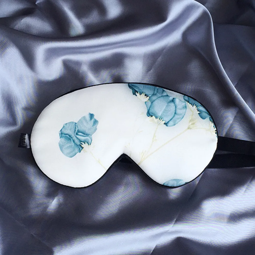 

Eyes Mask Mulberry Silk Printing Blue Flowers On White Sleeping Mask Soft Breathable Blindfold Headband Eyepatch Night Mask
