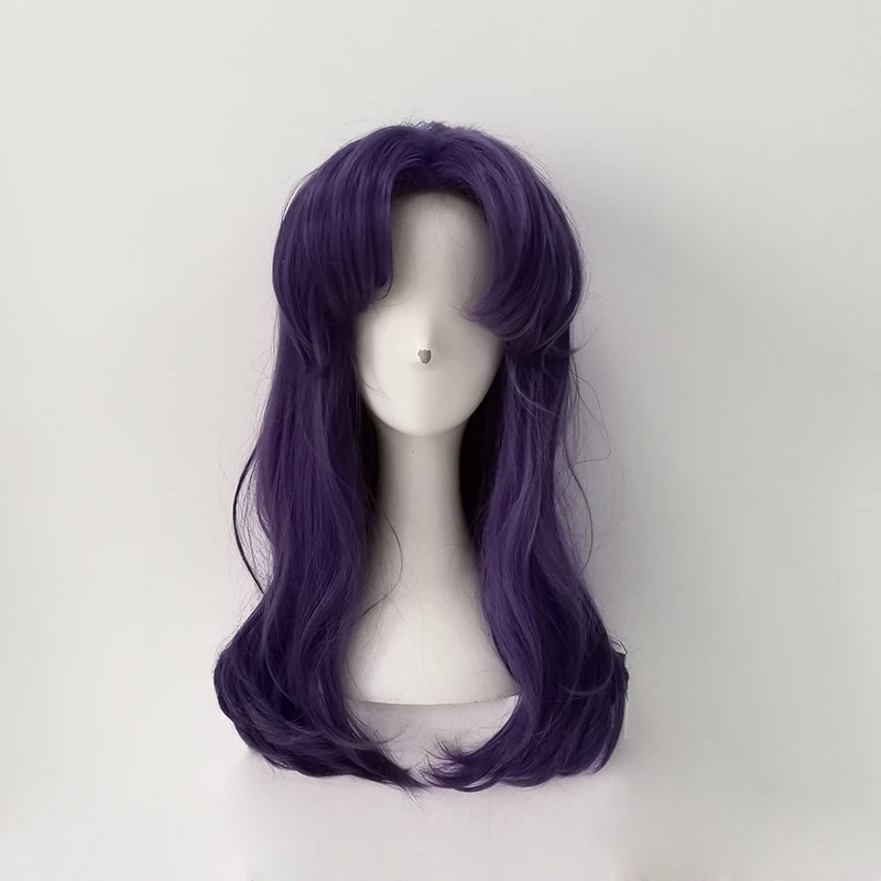 EVA Katsuragi Misato Wigs Styled Bang Middle Long Wavy Purple Heat Resistant Synthetic Hair Katsuragi Cosplay Wig + Wig Cap