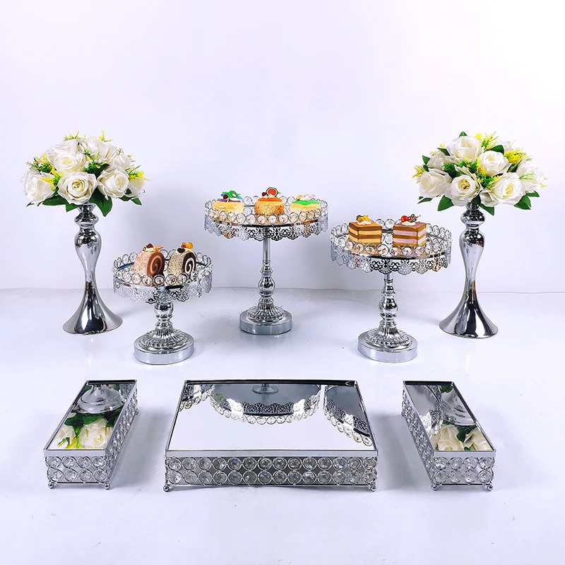 

8pcs Crystal silver Metal Cake Stand Set Acrylic Mirror Cupcake Decorations Dessert Pedestal Wedding Party Display Tray