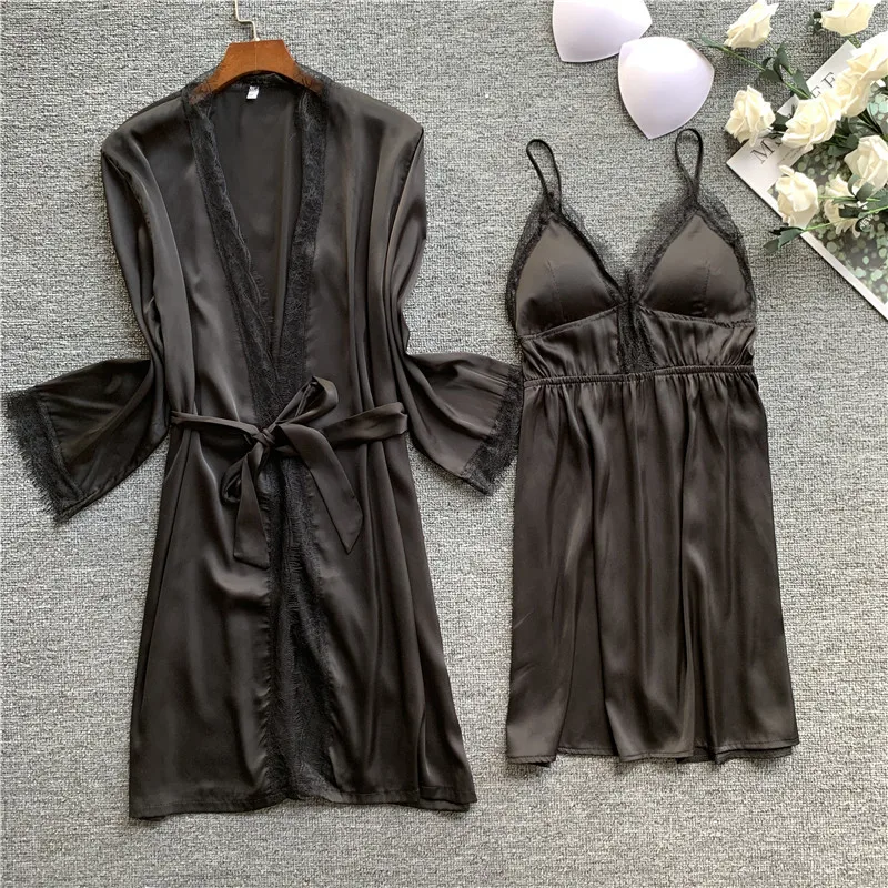 

Casual Nightdress Kimono Bathrobe Gown Silky 2PCS Nighty&Robe Suit Women Satin Sleepwear Nightgown Sexy Intimate Lingerie