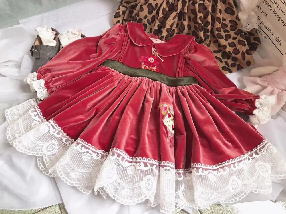 От 0 до 7 лет для маленьких девочек сезон осень-зима красное бархатное платье с