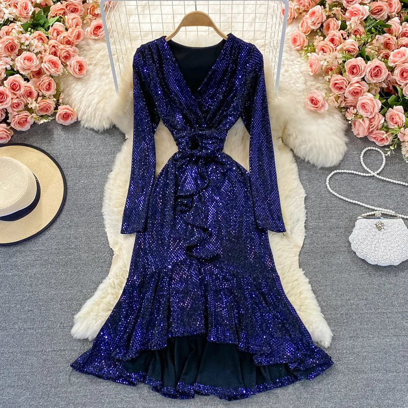 

YIZZHOY New Spring Autumn Women Solid Sexy Elegant Fashion V-neck Sequin long sleeve slim waist Ruffle A-line Dress